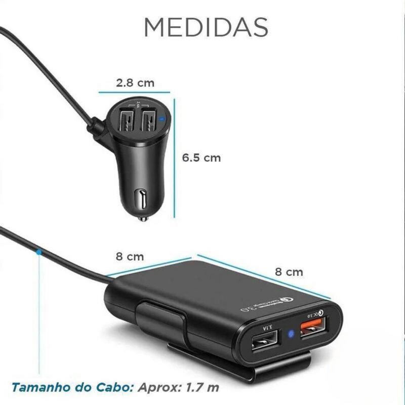 Carregador Veicular Turbo 2.0 36w C/4 Saídas USB e Cabo 1.8 mestros - Super Ofertas